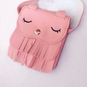 Pink Cat Vegan Leather Fringe Cross Body Bag Purse